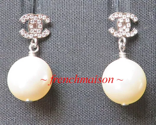 Chanel CC Drop Earrings Crystal Pearl Silver for Women