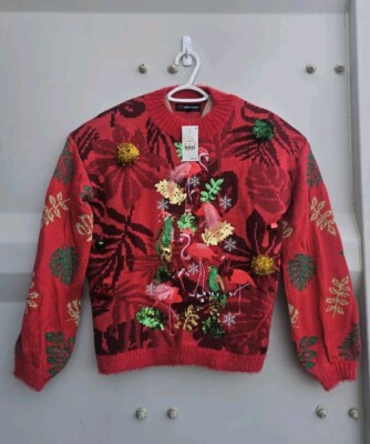 Ugly Christmas Sweater Fuzzy Flamingo Bell Pompoms Green Red