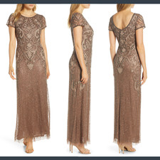 NWT 238 Pisarro 2 Nights Embroidered Mesh Long Gown in Mocha F754