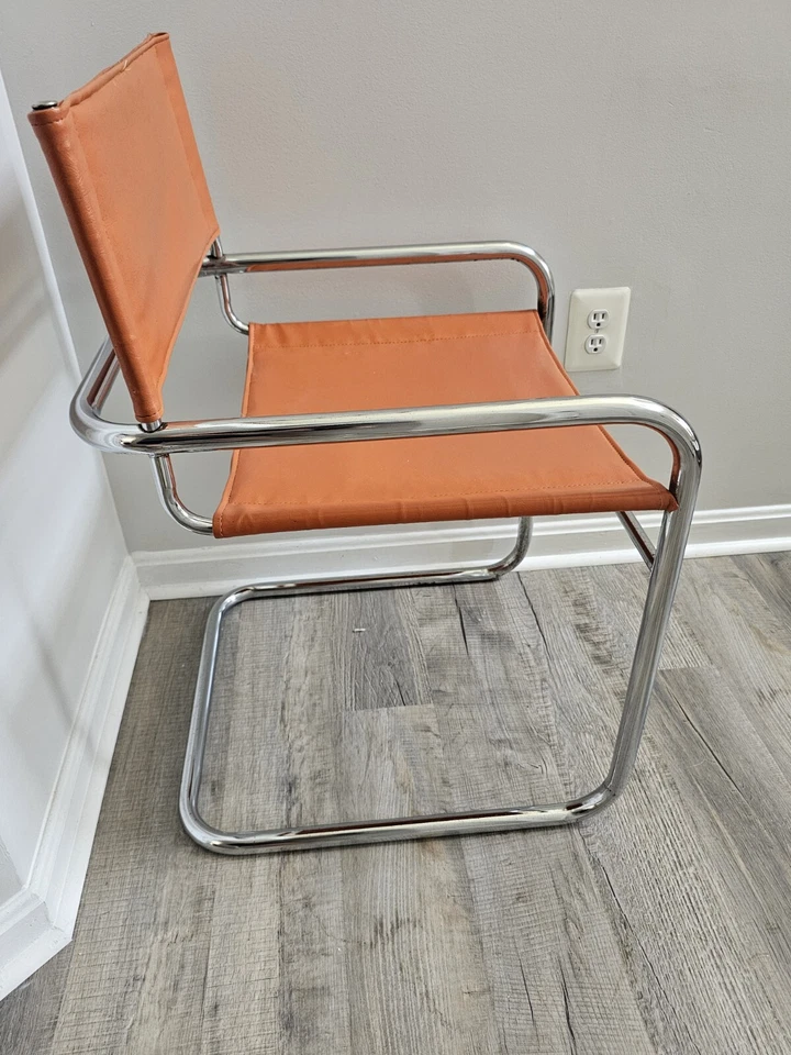 Cadeira cantilever vintage década de 1970 MCM meados do século couro laranja tubular cromada - Imagem 4 de 4