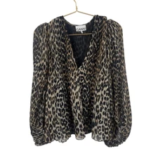 GANNI Leopard Print Oversized Bubble Sleep Blouse Size 36 /Small  100% Polyester