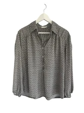 Max Studio 3/4 Button Down Geometric Blue White Blouse Size Medium