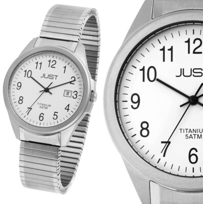 Titan Herrenuhr Armbanduhr Weiß Silber Datum Zugband Stretchband Flex JUST 20189