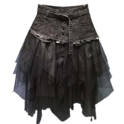 Damen Denim Netz Einsatz Rock Hohe Taille Asymmetrisch Rüsche Tüll Gothic Chic