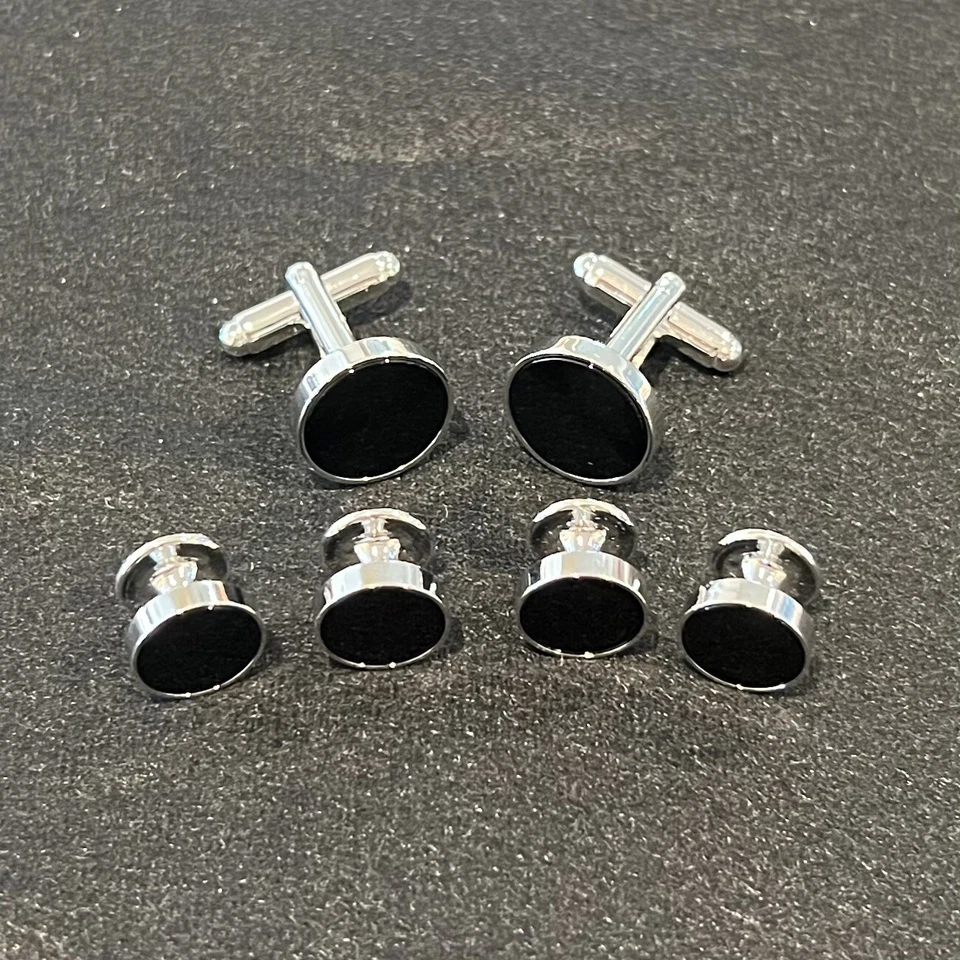 Conjunto de gemelos redondos de ónix y tachuelas para camisa de vestir para hombre boda regalo esencial Foto 2 de 4