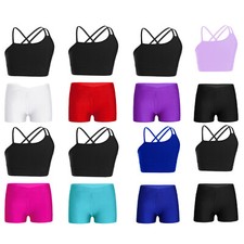 UK Kids Girls Dance Outfit Gymnastics Crop Tank Tops+Ballet Shorts Boyshorts Set