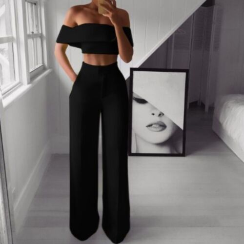 Womens Elegant Two Piece Suit Boat points de vente Neck Crop Tops Wide Leg Pants Casual Party