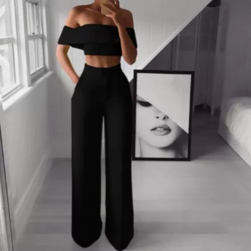 Womens Elegant Two Piece Suit Boat Neck Crop Tops Wide Leg Pants Casual Party - Picture 3 of 13