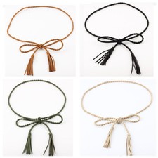 Women's Slim Braided Tassel Dress Belt Faux Leather Woven Skinny Waistband YN307