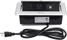 Silver Power Strip Hidden Pop Up Outlet Table Connection Box 2 Outlets 2 USB