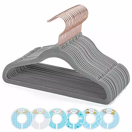 KIDS VELVET HANGERS Baby Clothes Hanger with Dividers Grey 50-Pack