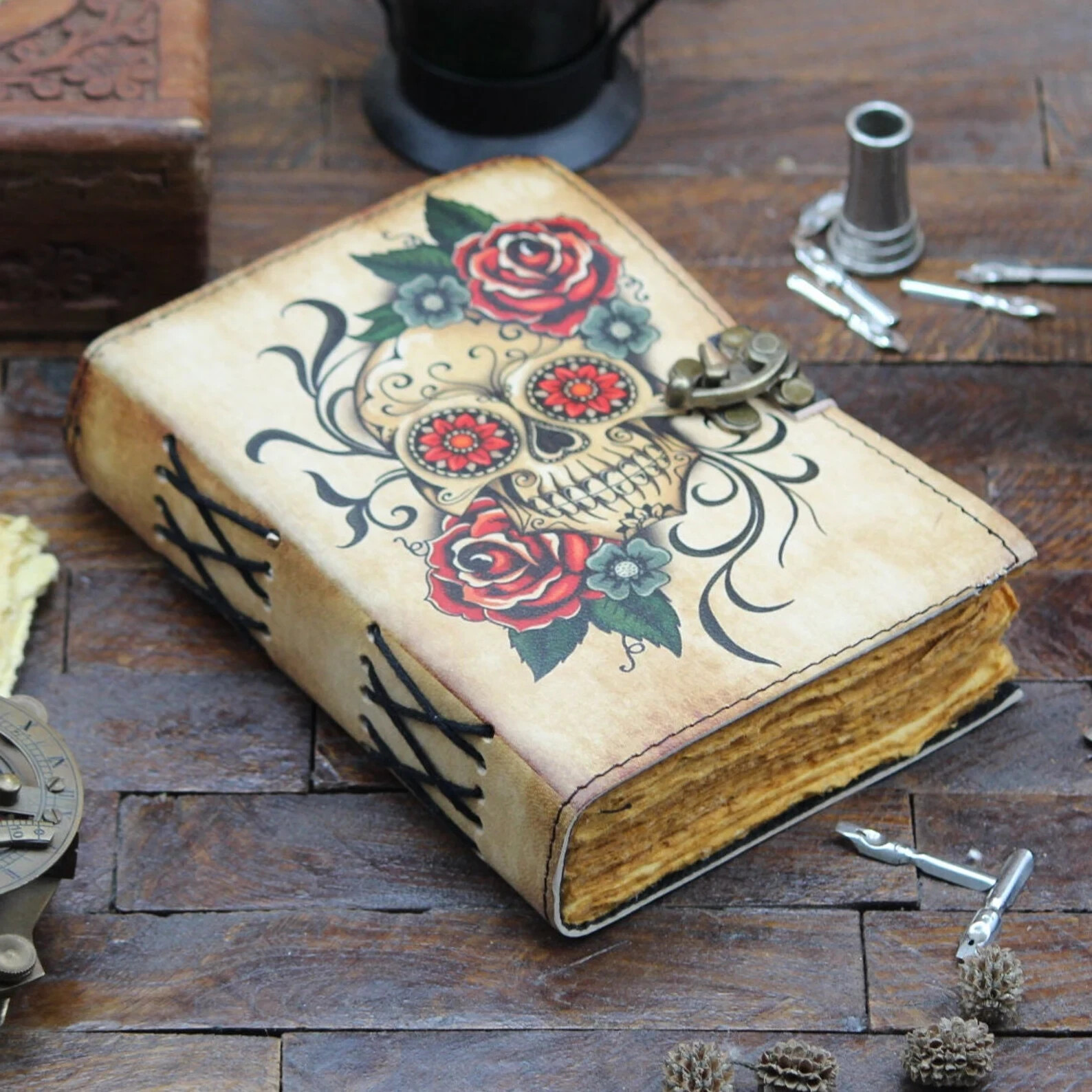 Skull printed leather journal with first color photo personalization