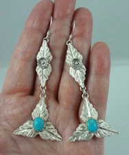 Sterling Silver Turquoise 2-7/8" Leaf Flower Dandle Earrings