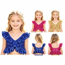 Girls Crop Top Glitter Sequins Sequin Blouse Ruffled Trim Tank Tops Cropped