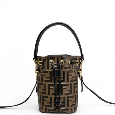 Fendi Mini Mon Tresor Bucket Brown Black Embossed Ff Calfskin (kc052226a8r)