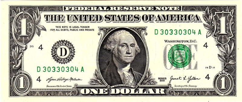 $1 2021 Fancy Serial  Uncirulated CU D30330304A