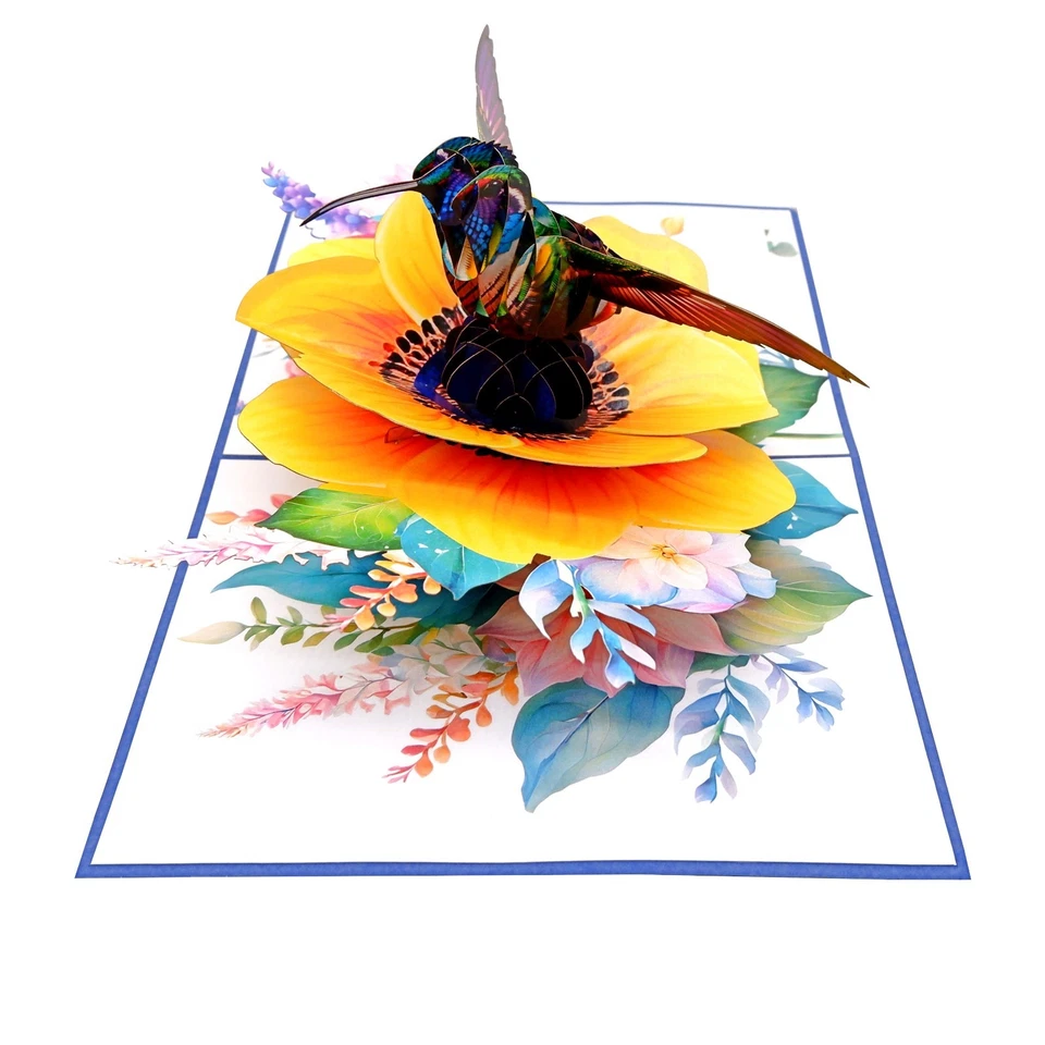 3D Pop Up Greeting Card Hummingbird Flower Floral  Birthday Get well Thank you - Image 3 of 4