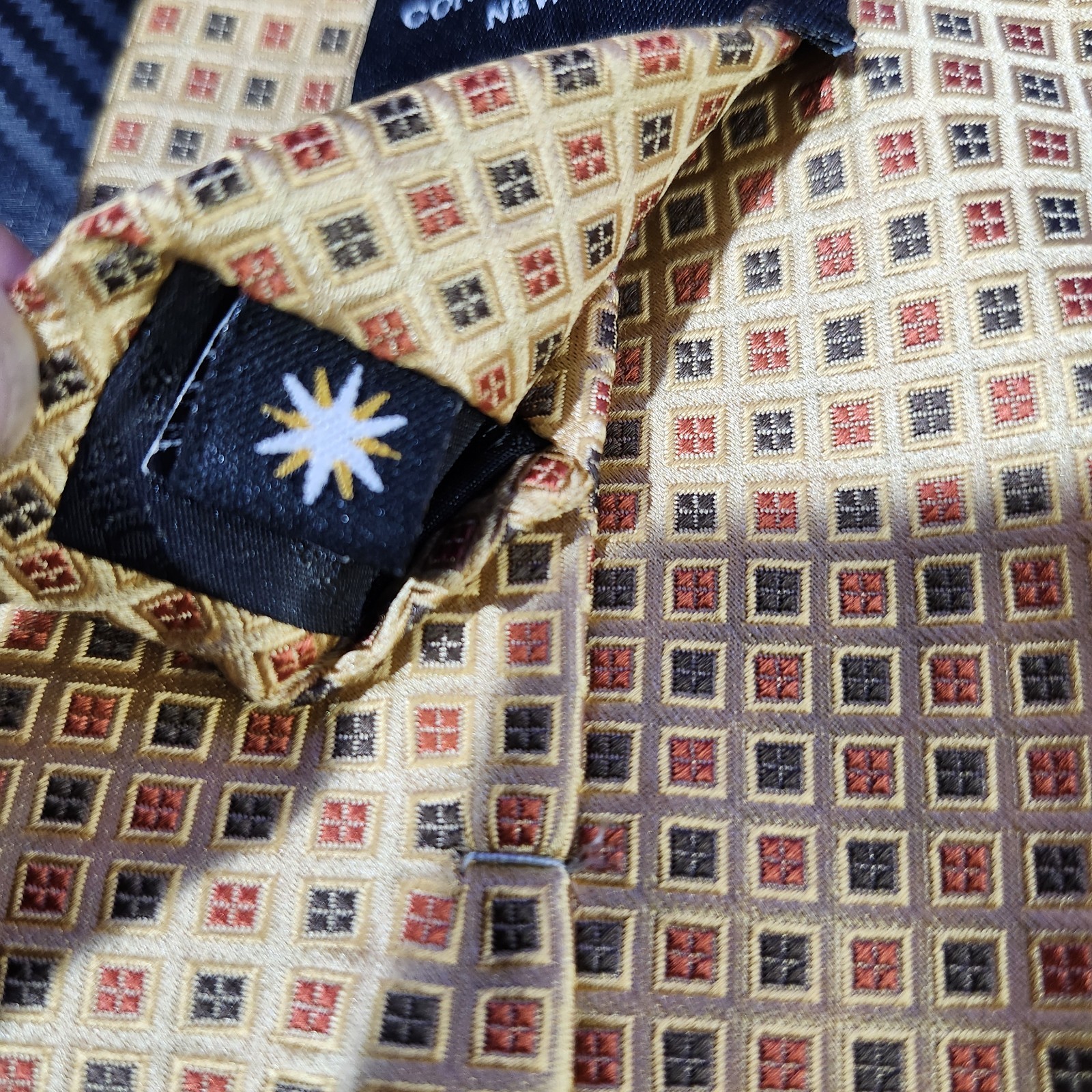 Constellations New York Gold W/ Red+Black Squares Handmade 100% Silk Tie image 5