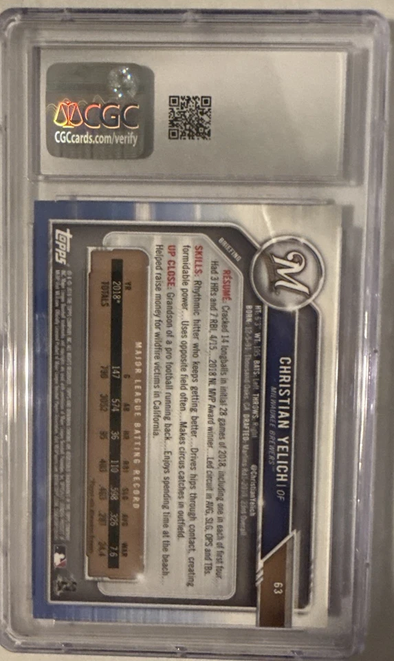 2019 Bowman Chrome Christian Yelich #63 Purple Refractor /250 CGC Mint 9 Pop 1 - Image 2 of 3