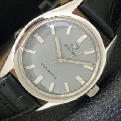SWISS VINTAGE ENICAR STAR JEWELS 160 HANDAUFZUG HERREN GRAUES ZIFFERBLATT UHR a703780-2