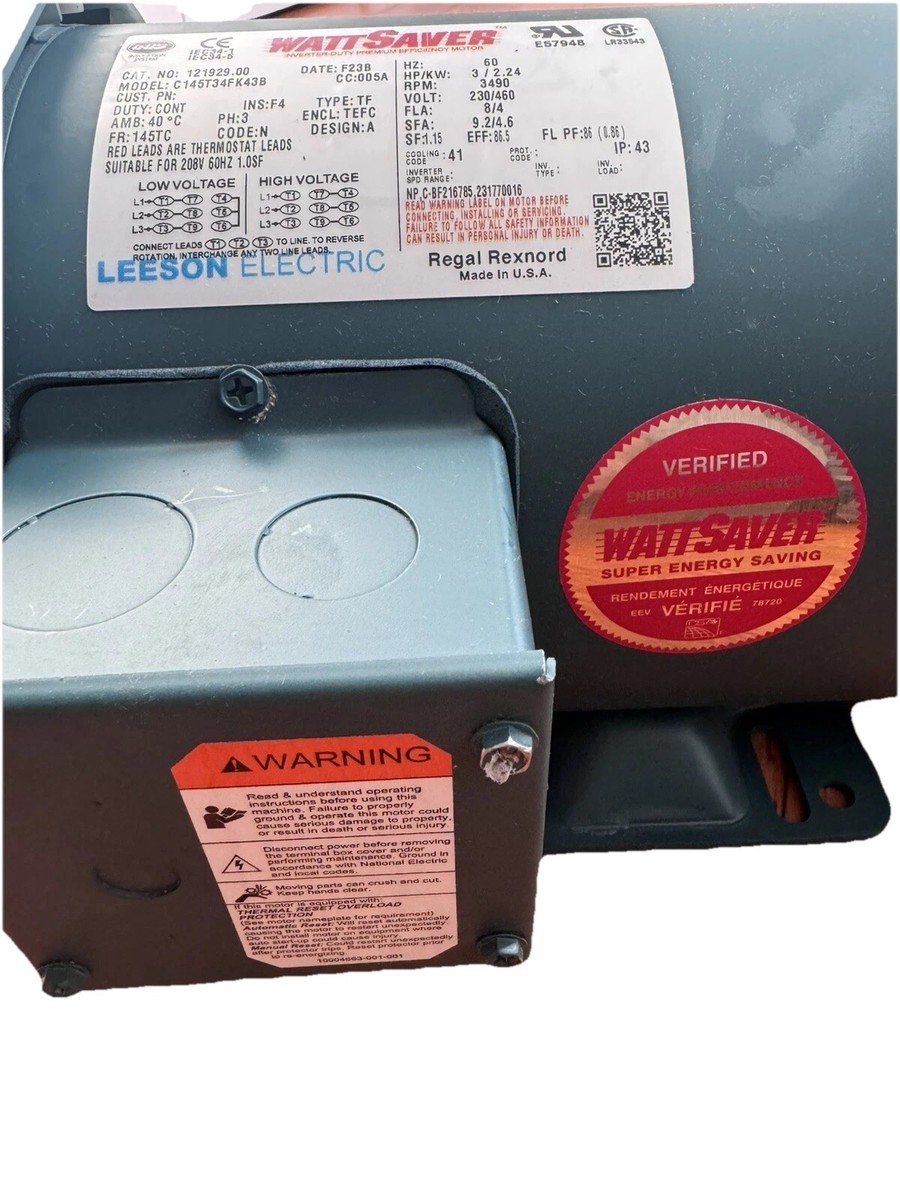 Leeson 121929.00 WattSaver Electric Motor 3HP 3PH 3490RPM 145TC Fr