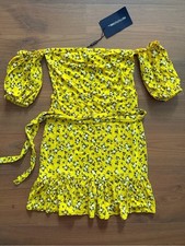 Yellow Floral Tie-Waist with Puff Sleeves Off Shoulder Pretty Little Thing