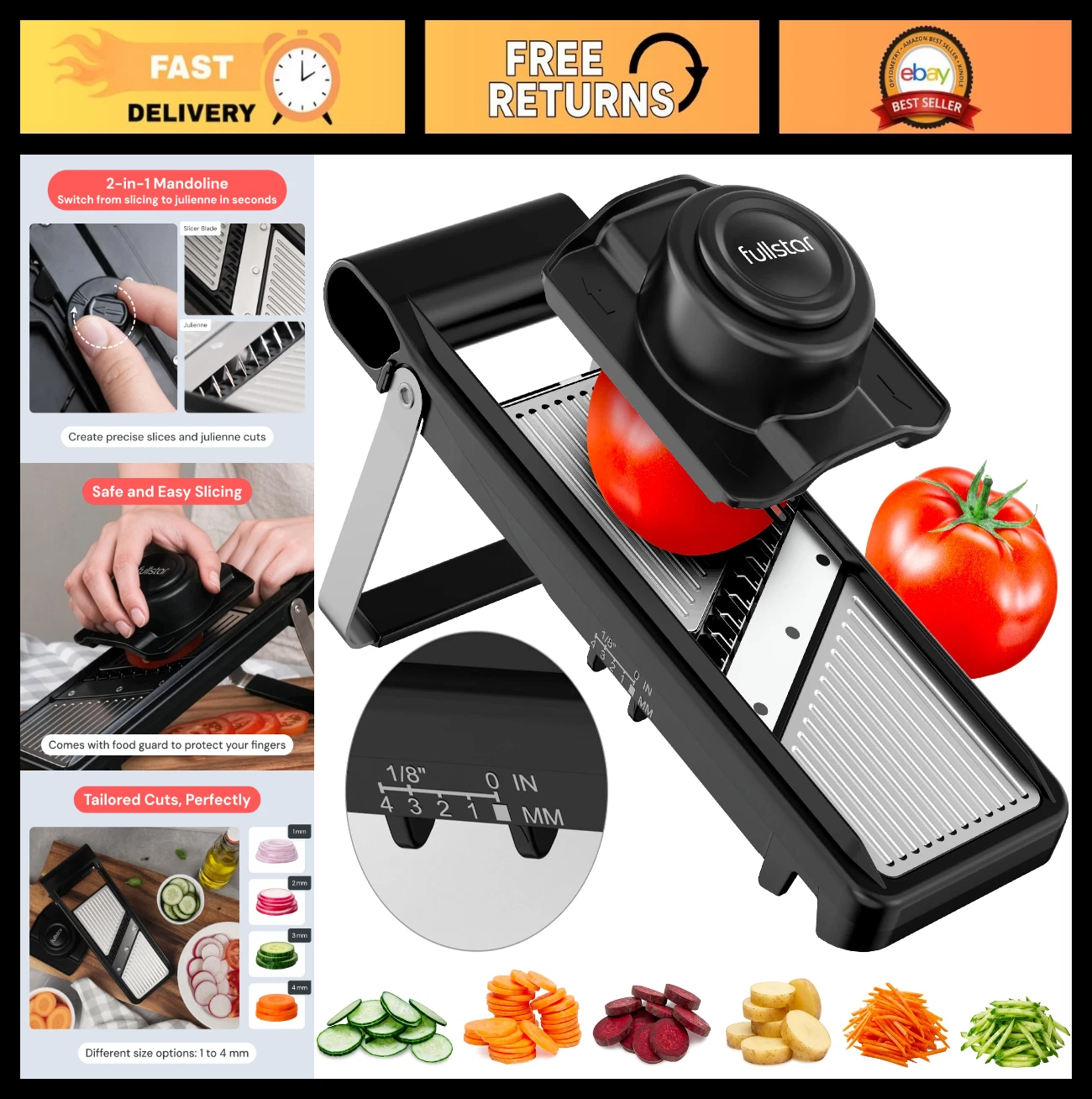 2-in-1 Stainless Steel Mandoline Slicer - Adjustable Thickness, Julienne Blade,