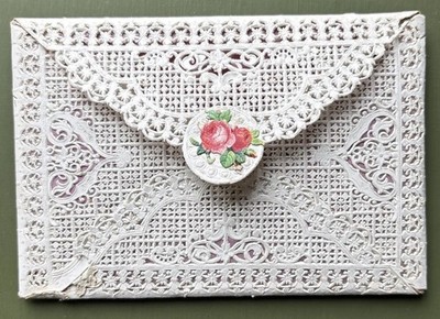 Antiker viktorianischer Spitzenpapier Umschlag Geburtstagskarte Blumensiegel um 1870