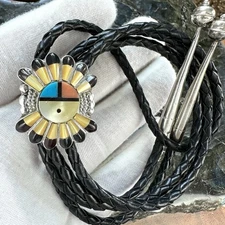 Vtg Zuni Sunface Sterling Silver Turquoise Coral Inlay Native American Bolo Tie
