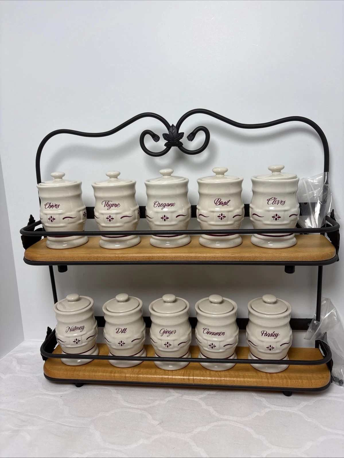 Longaberger Wrought Iron 2 Tier Spice Rack, Ivory and Red Jars, Wood Shelves