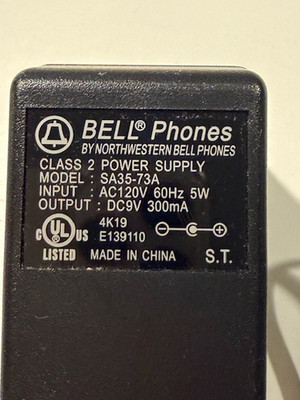 Bell Phones SA35-73A Class 2 Power Supply Output 9VDC 300mA Adapter Charger