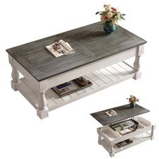 Farmhouse Lift Top Coffee Table with Fixed Shelf - 3 Hidden Storage Trays