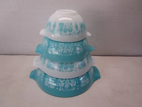 NEW ~ NOS ~ Pyrex Amish Turquoise Butterprint Cinderella Nesting Mixing Bowl Set