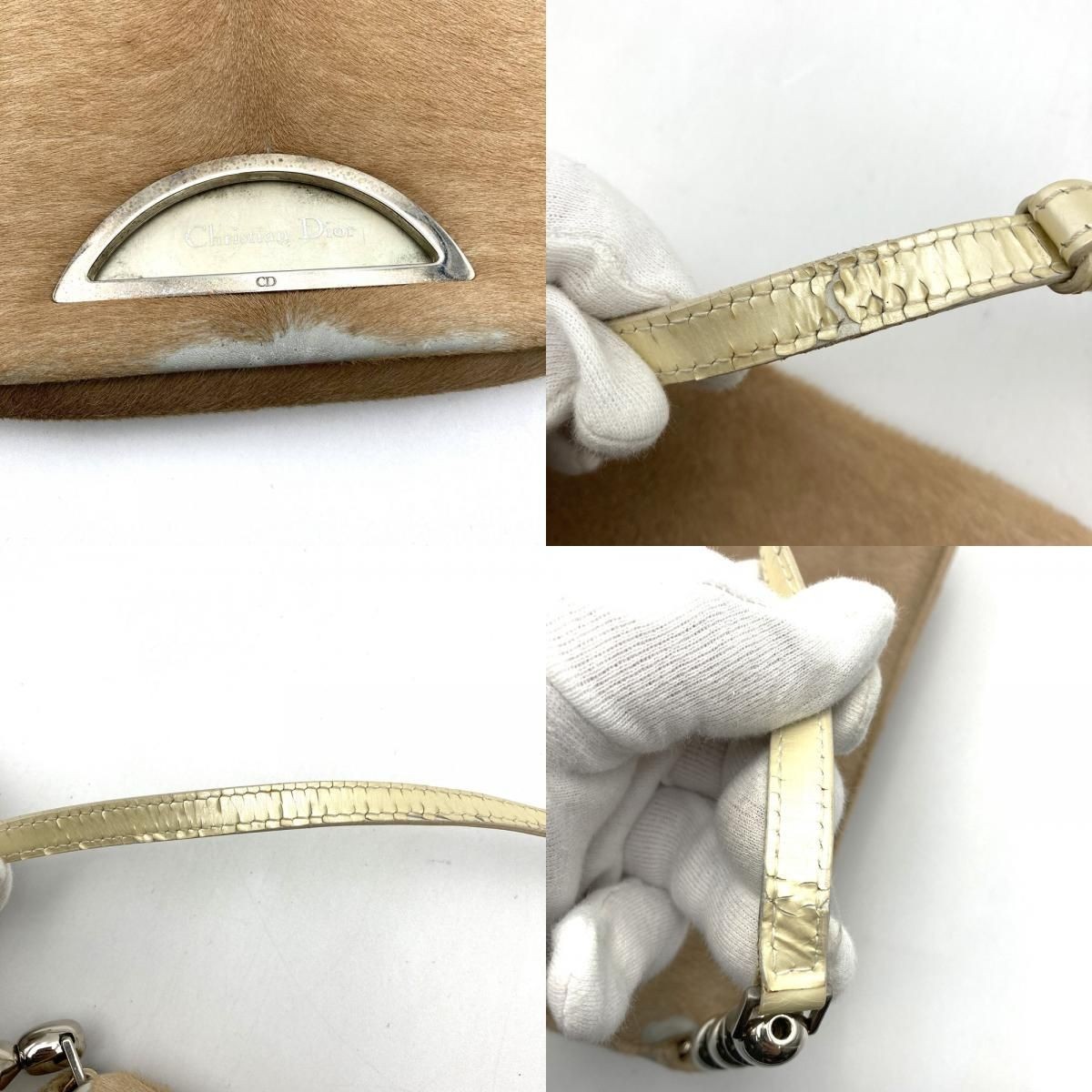 CHRISTIAN DIOR Malice Pearl Shoulder Bag Beige pony Auth From