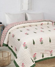 Indian Jaipuri Razai Pure Cotton Hand Stitch Bedding Quilt Cypress Block Print