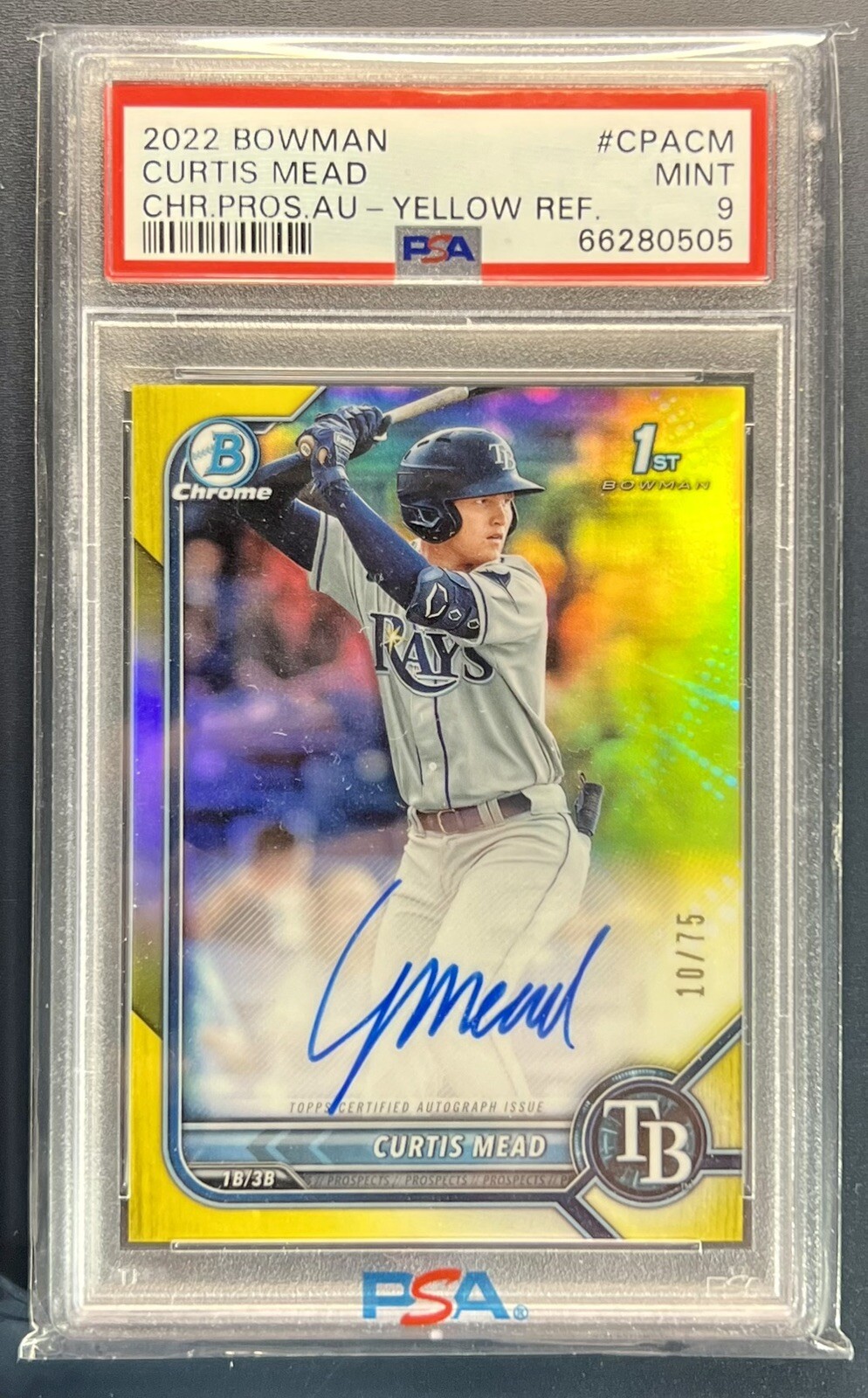 ✅ Curtis Mead Auto 2022 1st Bowman Chrome /75 Yellow Refractor PSA 9 Mint Rays