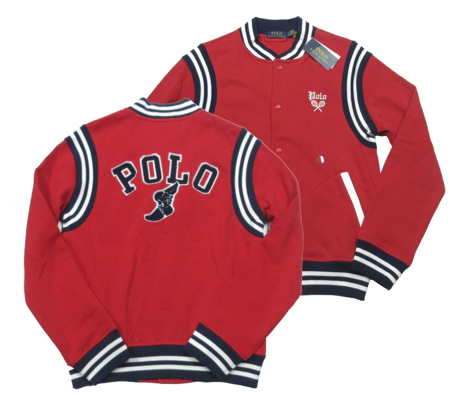 Polo Ralph Lauren Men's Red/Navy P-Wing Fleece Button Snap Varsity Jacket