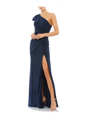 MAC DUGGAL ONE-SHOULDER JERSEY FAUX WRAP MIDNIGHT NAVY GOWN sz 0