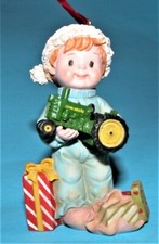 Enesco ornament toddler w John Deere tractor NIB #857432 c 2000, Christmas, farm