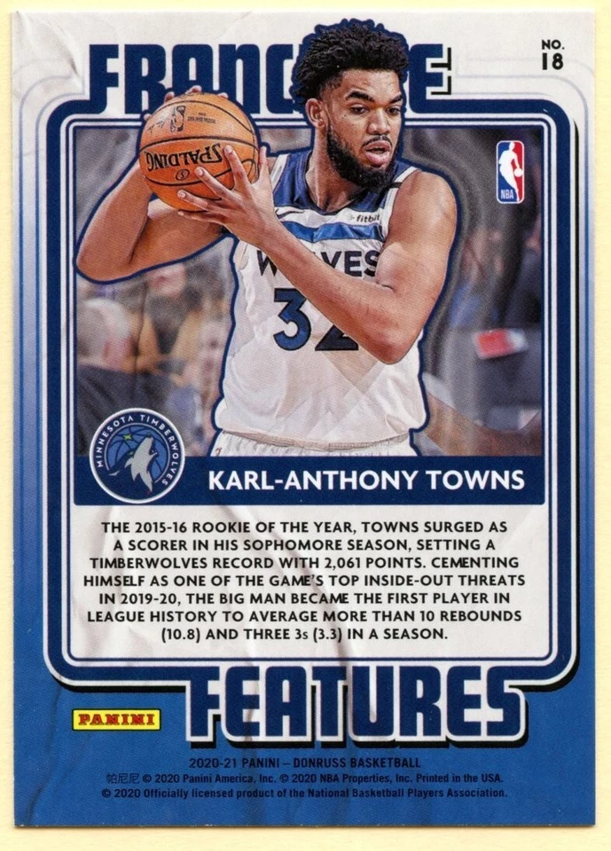 2020-21 Donruss Basketball Karl-Anthony Towns Franchise Features insert card #18 - Image 2 of 2