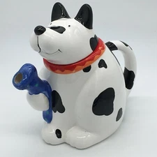 Coco Dowley Dog Pitcher Watering Teapot White with Black Spots Orange Red Collar
