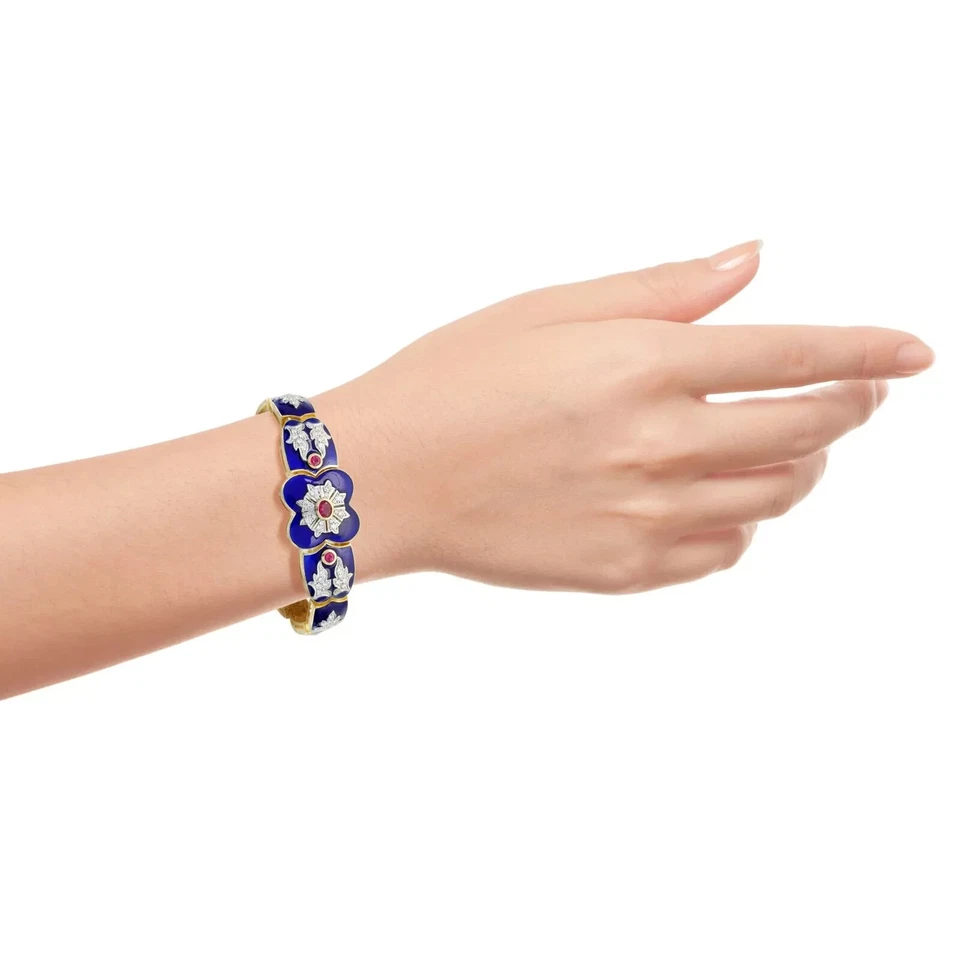 Art Deco Style Lab Created Diamond Ruby Blue Enamel Bracelet 14K Yellow Gold FN - Image 2 of 4