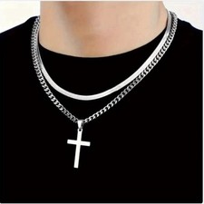 Men's Silver Cross Pendant Layered Cuban Link Chain Necklace