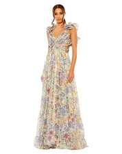 Mac Duggal Women's Ruffle Tiered Floral Cut-Out Chiffon Gown (Floral Multi, 12)