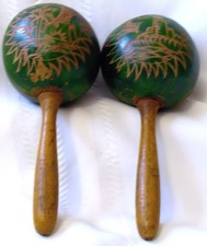 Hand Made GREEN Gourd Maracas Cuban Folk Art Carved Vintage Musical Instrument