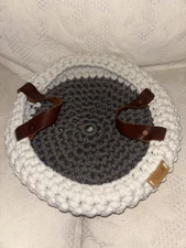 Handwoven Gray/White Double Leather Handles Crochet Basket, 2 Maine Chicks