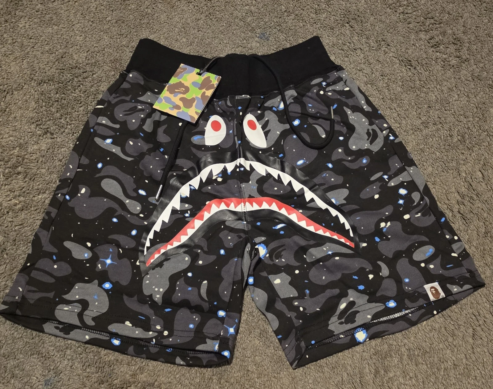 A Bathing Ape BAPE Space Camo Shark Face Sweat Shorts 'Black' Size Medium Street