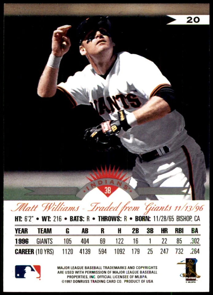 Matt Williams 1997 Leaf #20 Indians MLB READ FREE SHIPPING AutographDen - Image 2 of 2