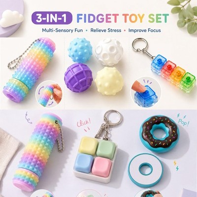 3Pcs Sensory Fidget Toy Set Spiky Roller Keyboard Donut Push Stress Relief Toys