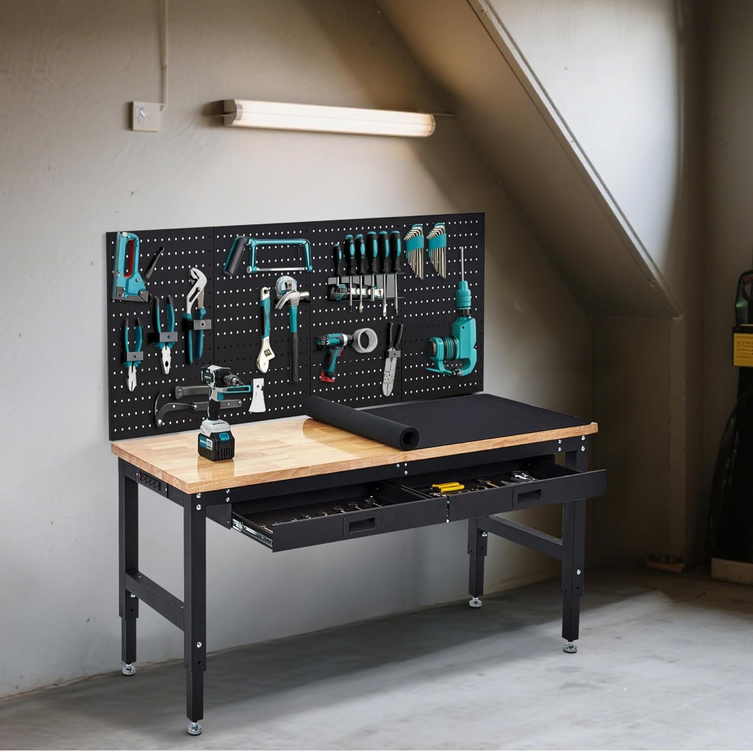 60 Inch Heavy-Duty Adjustable Workbench with Pegboard & Power Outlets Work Table